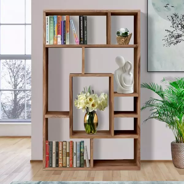 Rami wide sheesham wood bookcase finished on both sides as freestanding room divider Solid wood wide open shelf unit Walnut finish slim 30 cm depth India Rami 90 cm wide open bookcase side view showing all round finish and slim profile