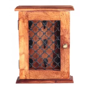 JALI Solid Sheesham Wood Key Cabinet | 30 × 10 × 40 cm | Natural Finish | 9-Hook Wall Organizer