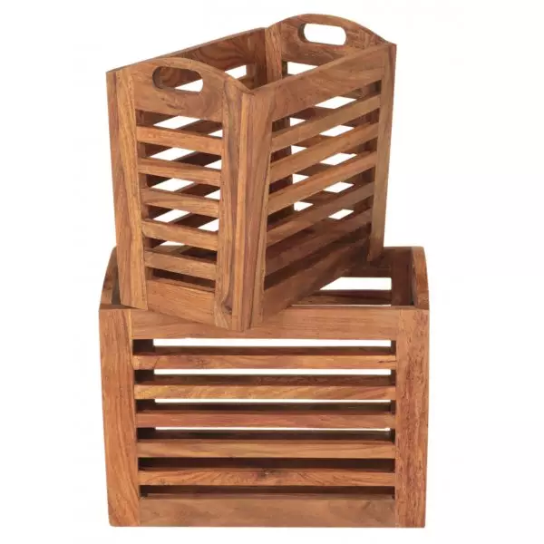 KALI Solid Sheesham Wood Magazine Baskets (Set of 2) | 40 × 24 × 35 cm | Natural Finish | Elegant Home / Office Storage - Image 3