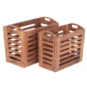 KALI Solid Sheesham  Wood Magazine Baskets (Set of 2) | 40 × 24 × 35 cm | Natural Finish | Elegant Home / Office Storage