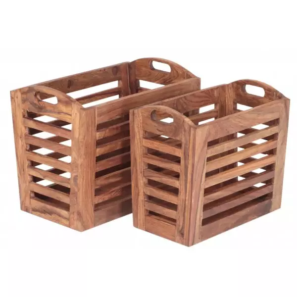 KALI Solid Sheesham Wood Magazine Baskets (Set of 2) | 40 × 24 × 35 cm | Natural Finish | Elegant Home / Office Storage