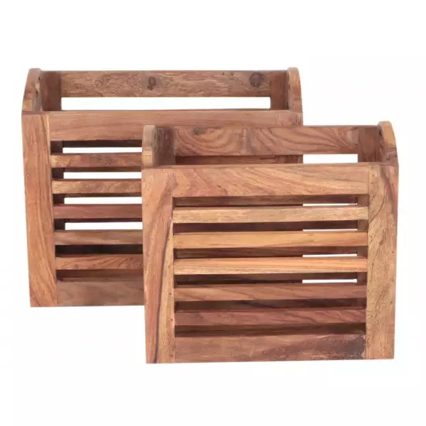 KALI Solid Sheesham Wood Magazine Baskets (Set of 2) | 40 × 24 × 35 cm | Natural Finish | Elegant Home / Office Storage - Image 2