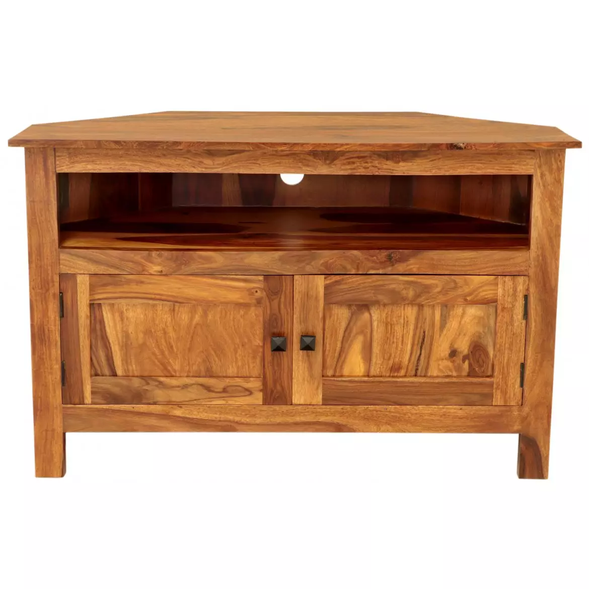 RAMI 110×70×50 cm Solid Indian (Sheesham) Wood Corner TV Table / Media Unit – Rustic Corner Media Stand, Natural Finish