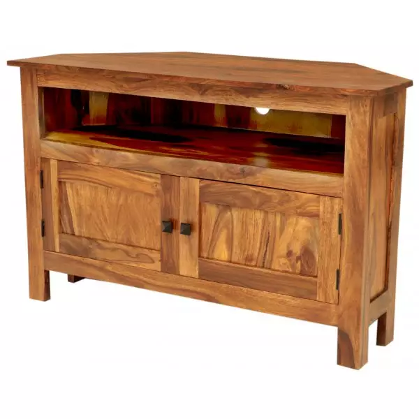 RAMI 110×70×50 cm Solid Indian (Sheesham) Wood Corner TV Table / Media Unit – Rustic Corner Media Stand, Natural Finish - Image 3