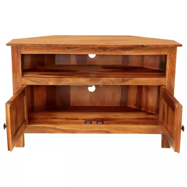 RAMI 110×70×50 cm Solid Indian (Sheesham) Wood Corner TV Table / Media Unit – Rustic Corner Media Stand, Natural Finish - Image 4