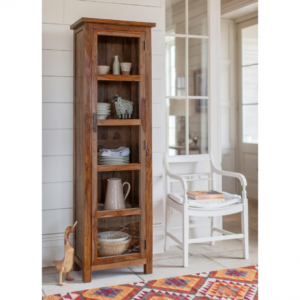 Rami solid Sheesham wood display cabinet with glass doors, 60x180x45 cm, natural finish for living room showcase