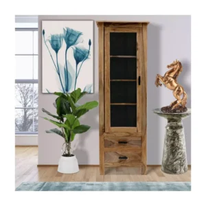 "Solid Sheesham wood display cabinet with glass doors 60x180cm natural finish for living room storage and bookshelf"