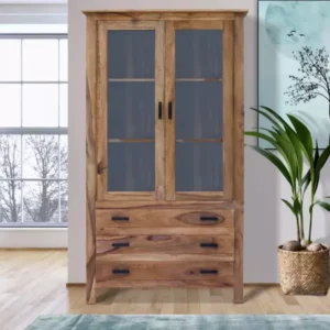 Rami solid Sheesham wood display cabinet with glass doors and metal handles in natural finish