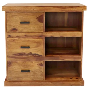 Rami Solid Sheesham Wood Chest of Drawers with Open and Closed Storage, Natural Finish, 90x90x45 cm