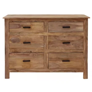Rami wide chest of drawers in solid Sheesham wood with 6 drawers and metal handles