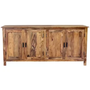 Rami wide storage cabinet in solid Sheesham wood with 4 doors and metal handles