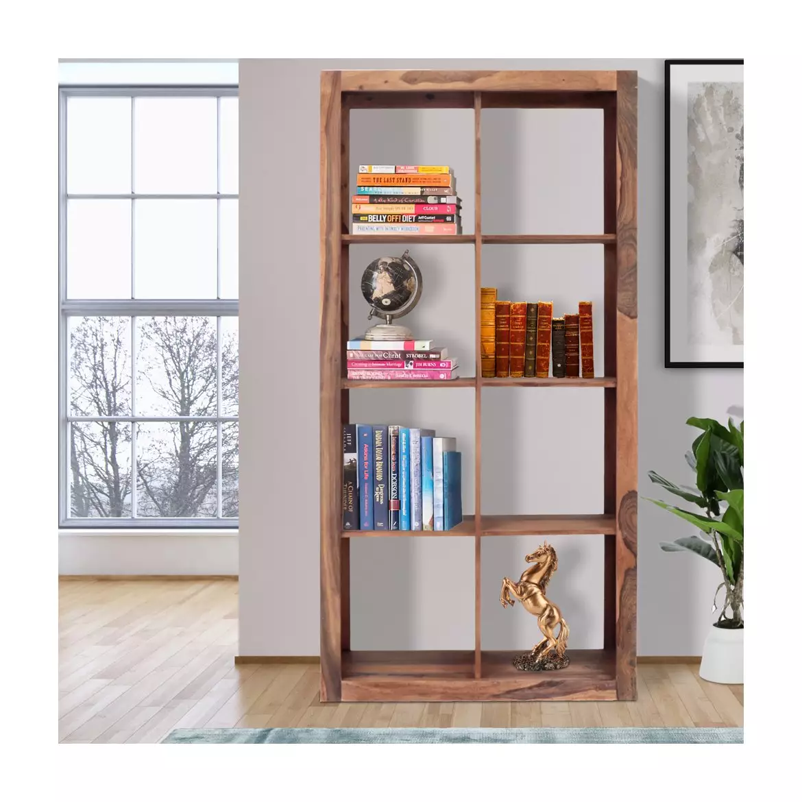 Rami full height sheesham wood bookcase finished on both sides as freestanding room divider Solid wood 180 cm tall open shelf unit Walnut finish India Rami 90x180 cm open bookcase side view showing all round finish and 35 cm depth