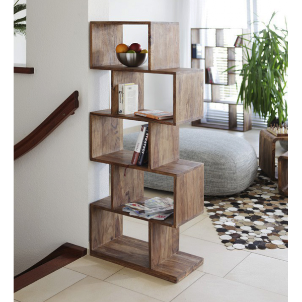 Rami tall sheesham wood bookcase finished on both sides as freestanding room divider Solid wood 5 shelf open bookcase Walnut finish slim 30 cm depth India Rami tall open bookcase side view showing all round finish and slim profile