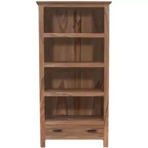 Rami Solid Sheesham Wood Tall Bookcase with Open Shelves and Bottom Drawer — Natural Finish — 90×180×35 cm