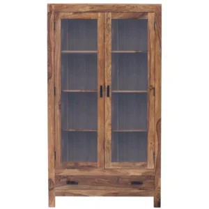 Rami Solid Sheesham Wood Glazed Display Cabinet with Glass Doors – 100x180x45 cm – Natural Finish