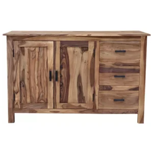 Rami Solid Sheesham Wood Wide Sideboard with 3 Drawers and 2 Cabinet Doors, Natural Finish, 140x90x45 cm