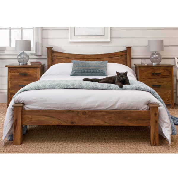 Rami Solid Sheesham Wood Single Bed Frame with Tall Headboard, Natural Finish, Mattress Size 90x200 cm